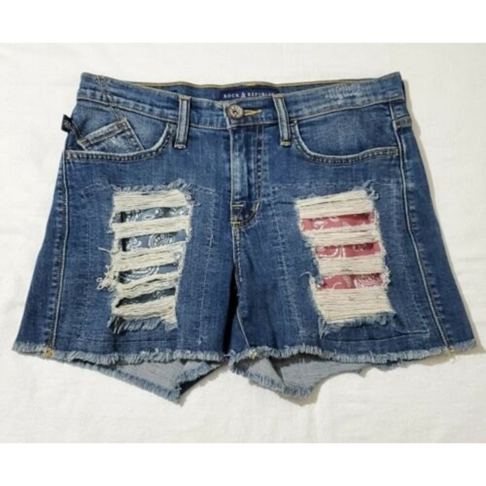 Rock & Republic Distressed Blue Denim Shorts with Red & White Bandana Patches